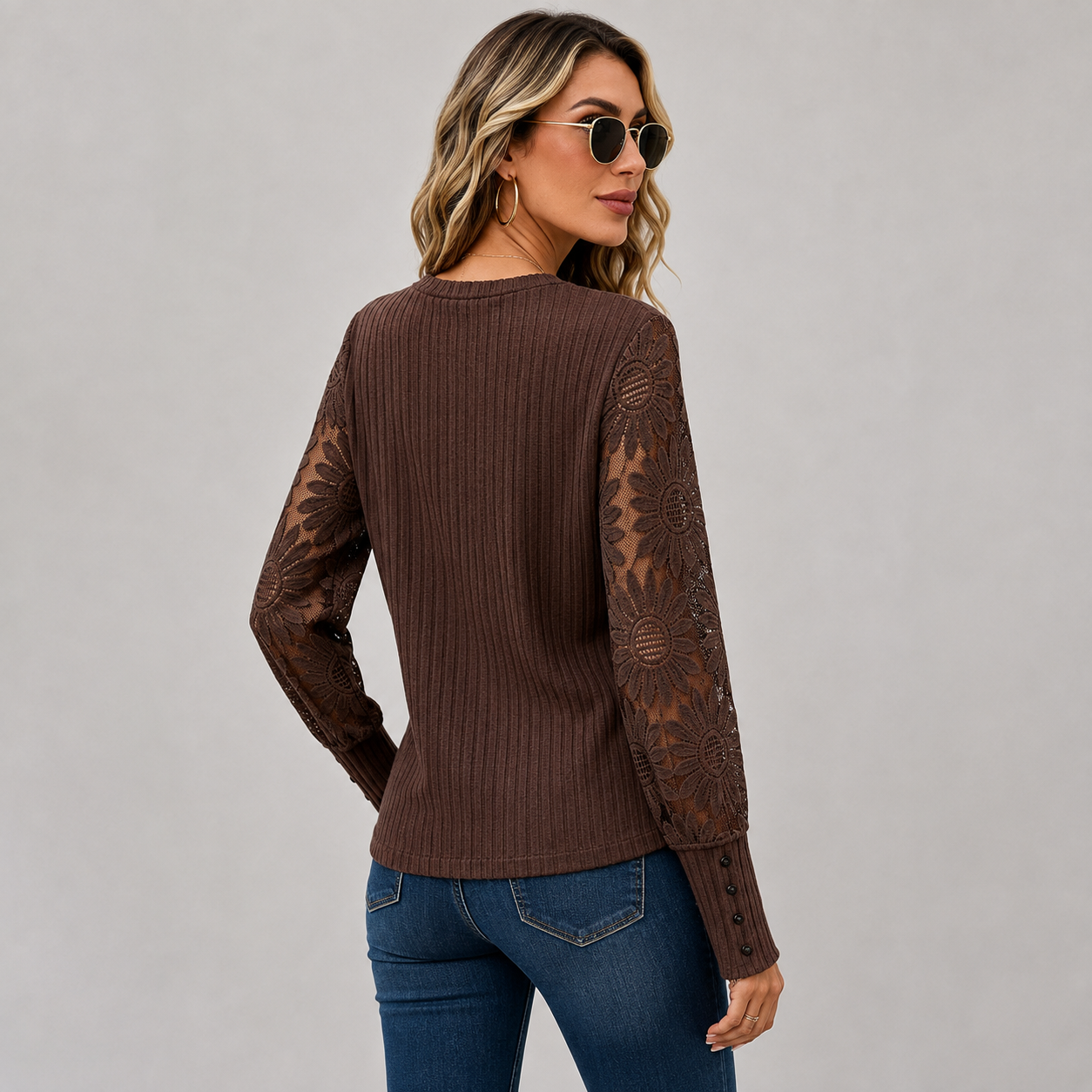 Montviro | Women's Knit Top – Lace Sleeve Crew Neck Classic Fall Style