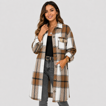 Montviro | Women's Plaid Long Jacket Loose Fit Button Front Spring Fall