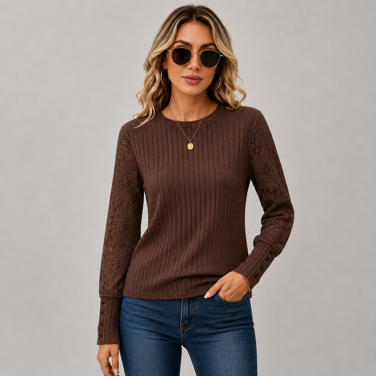 Montviro | Women's Knit Top – Lace Sleeve Crew Neck Classic Fall Style