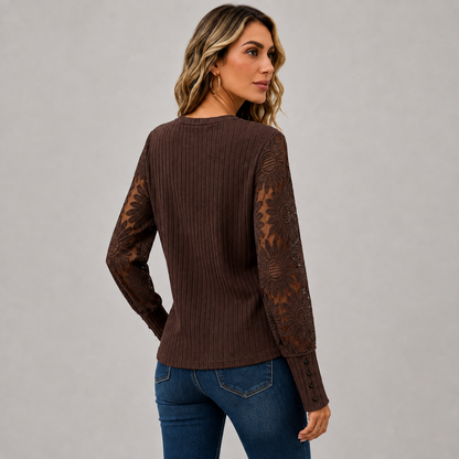 Montviro | Women's Knit Top – Lace Sleeve Crew Neck Classic Fall Style