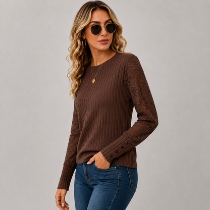 Montviro | Women's Knit Top – Lace Sleeve Crew Neck Classic Fall Style