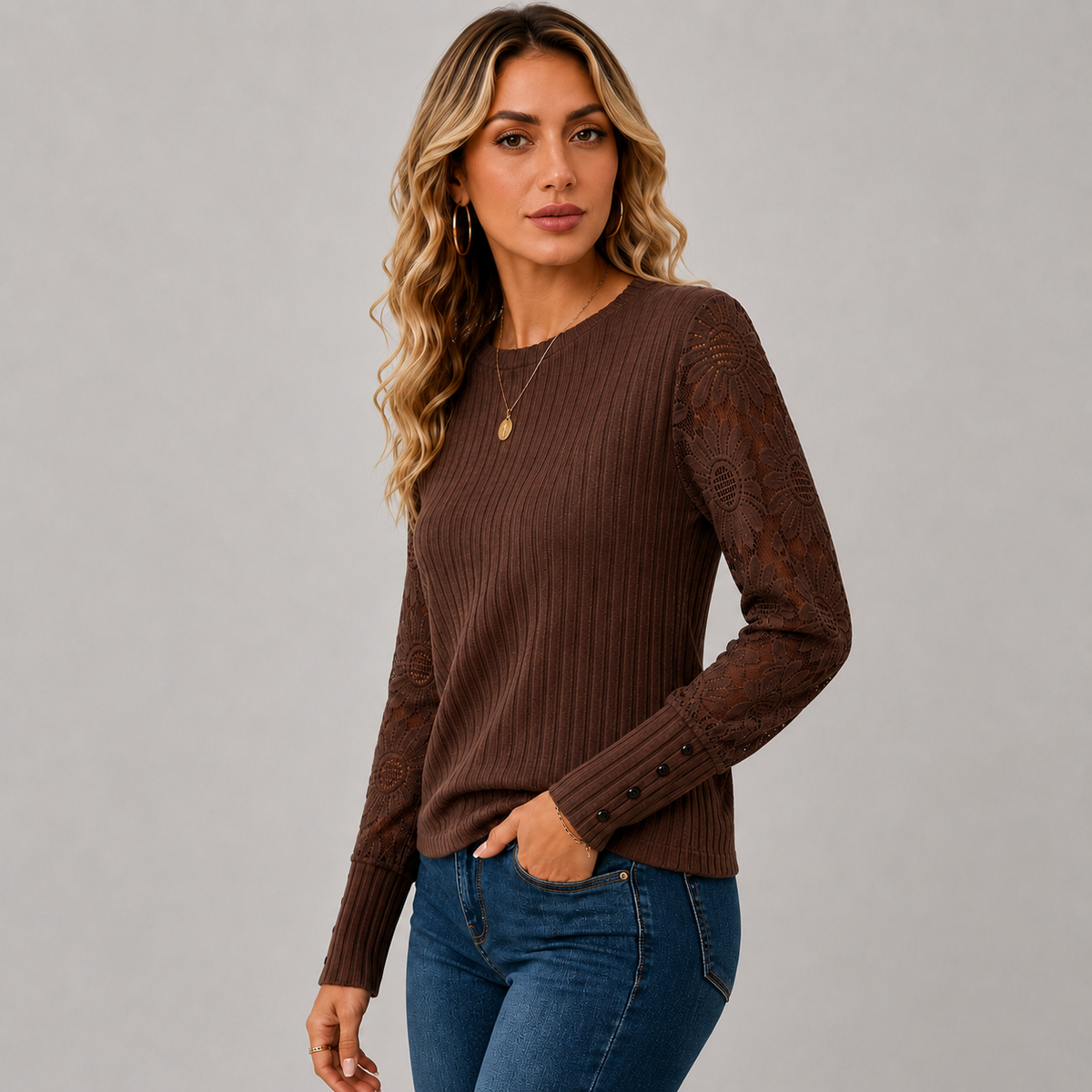 Montviro | Women's Knit Top – Lace Sleeve Crew Neck Classic Fall Style