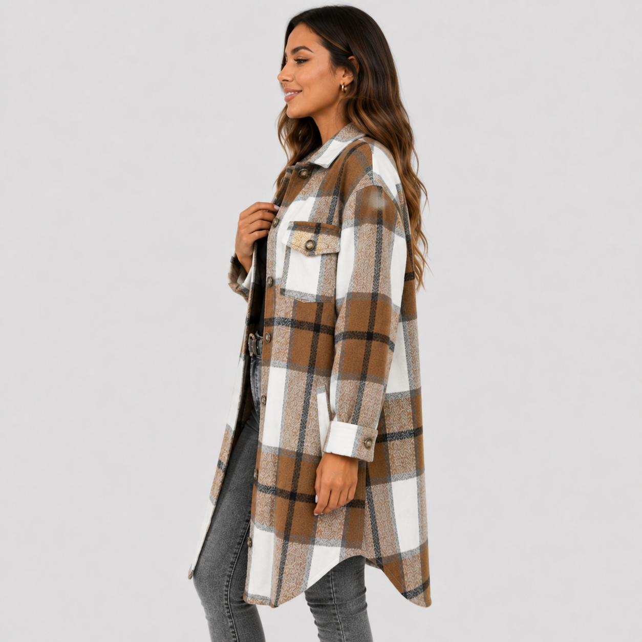 Montviro | Women's Plaid Long Jacket Loose Fit Button Front Spring Fall
