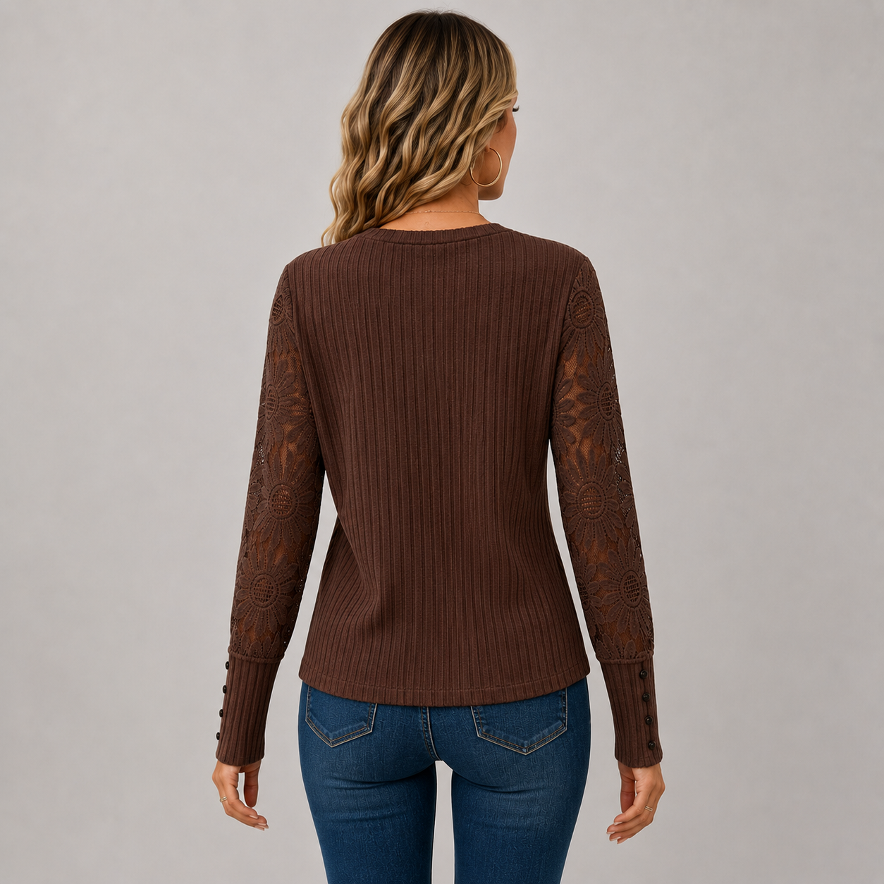Montviro | Women's Knit Top – Lace Sleeve Crew Neck Classic Fall Style