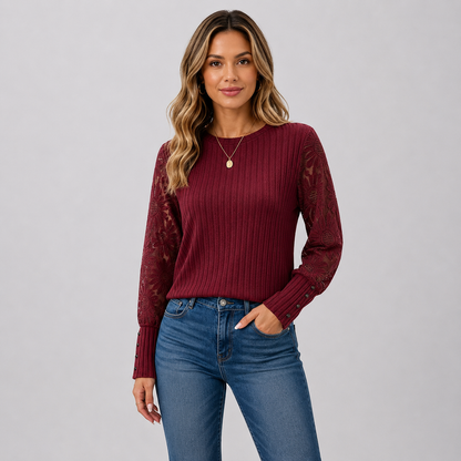 Montviro | Women's Knit Top – Lace Sleeve Crew Neck Classic Fall Style