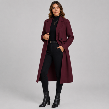 Montviro | Women’s Long Winter Coat Belted Waist Notched Lapel