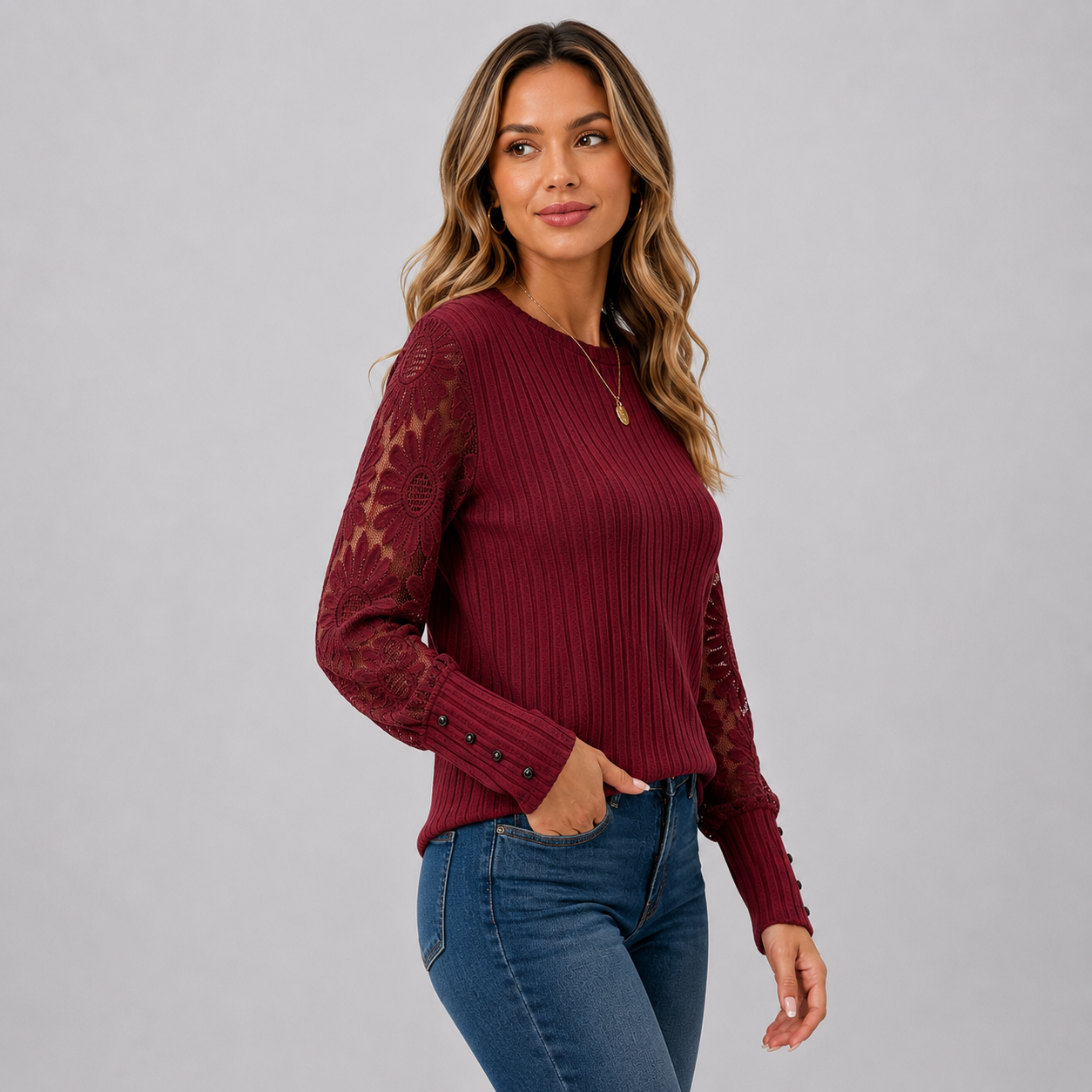 Montviro | Women's Knit Top – Lace Sleeve Crew Neck Classic Fall Style