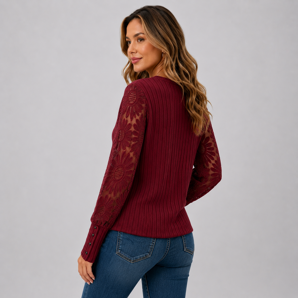 Montviro | Women's Knit Top – Lace Sleeve Crew Neck Classic Fall Style