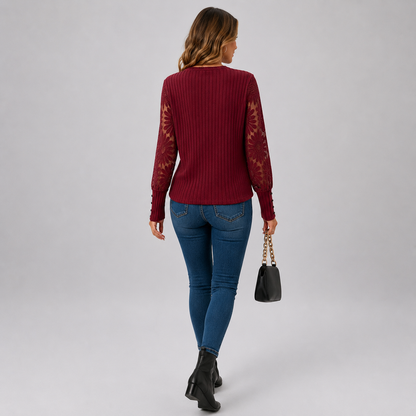 Montviro | Women's Knit Top – Lace Sleeve Crew Neck Classic Fall Style