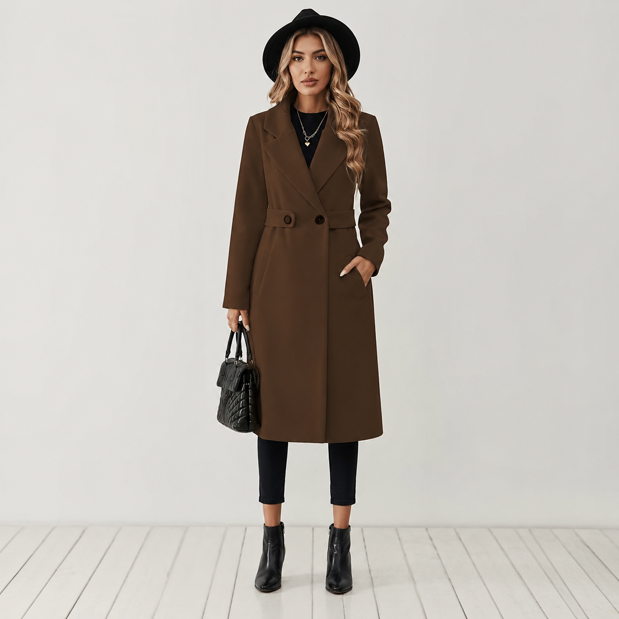 Montviro | Women’s Long Winter Coat Belted Waist Notched Lapel