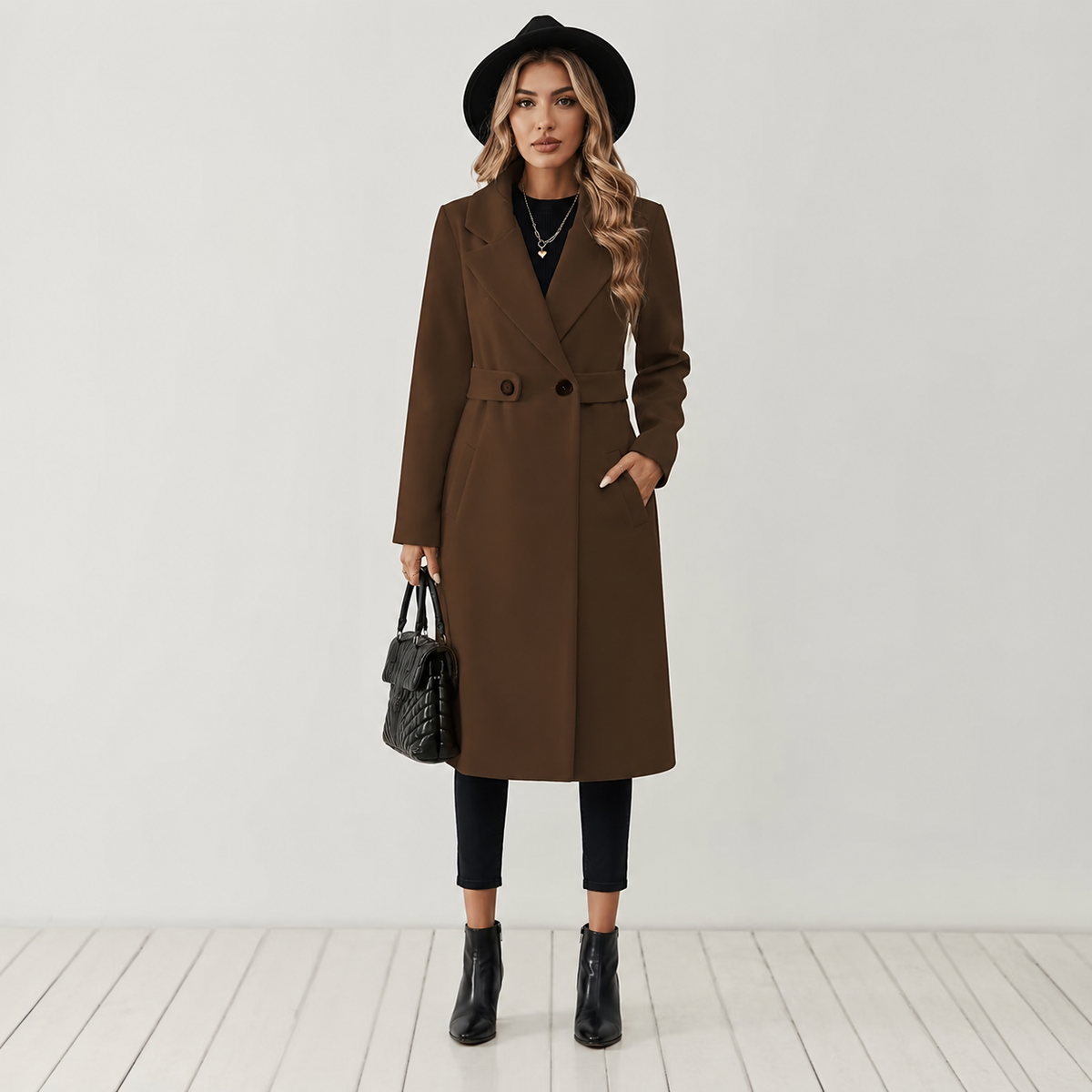 Montviro | Women’s Long Winter Coat Belted Waist Notched Lapel