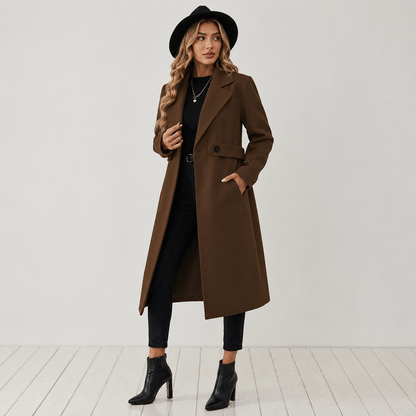 Montviro | Women’s Long Winter Coat Belted Waist Notched Lapel