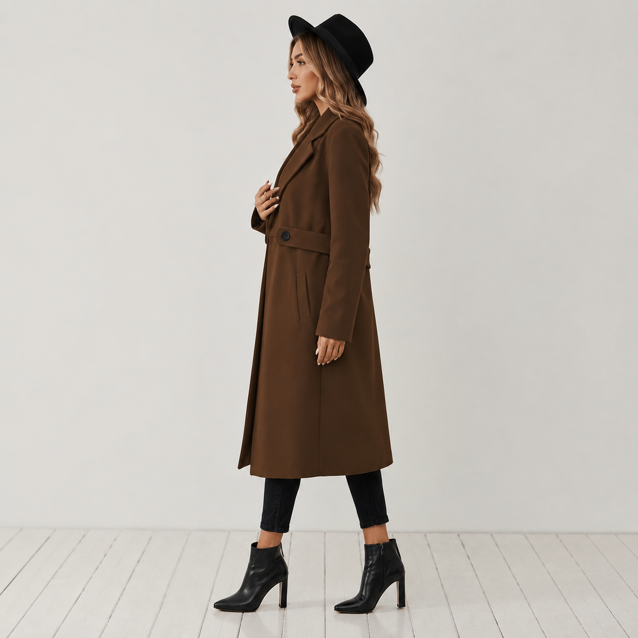 Montviro | Women’s Long Winter Coat Belted Waist Notched Lapel