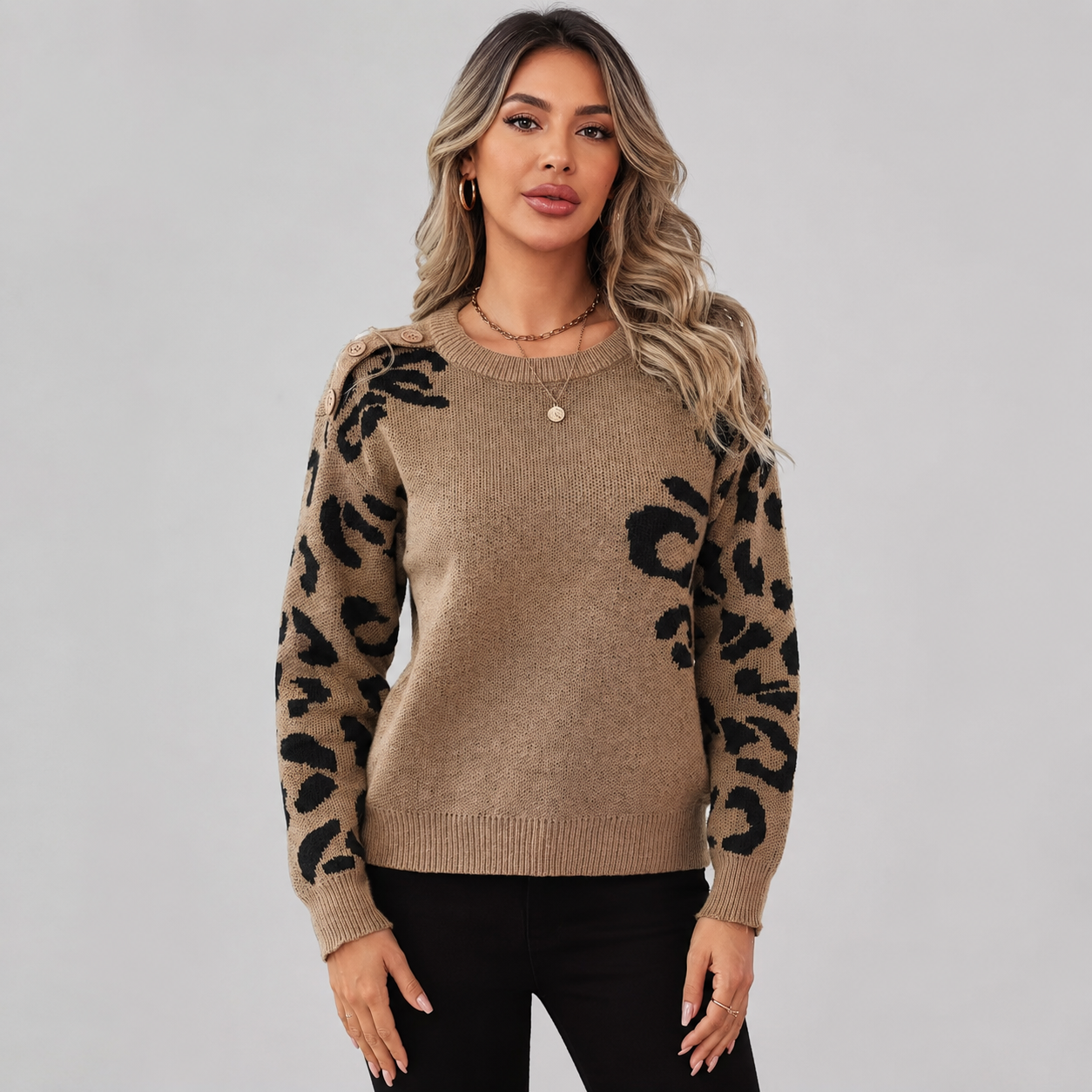Montviro | Women’s Leopard Knit Sweater Soft Warm Crew Neck Pullover