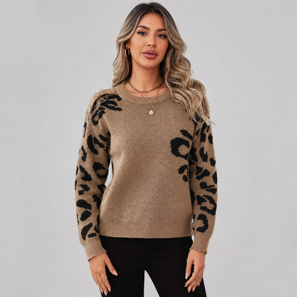 Montviro | Women’s Leopard Knit Sweater Soft Warm Crew Neck Pullover
