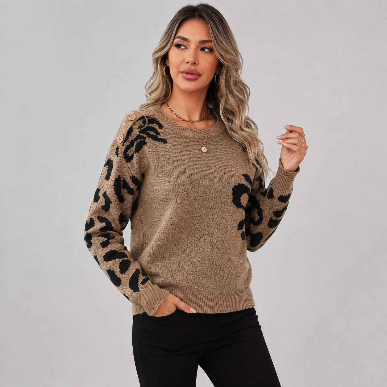 Montviro | Women’s Leopard Knit Sweater Soft Warm Crew Neck Pullover