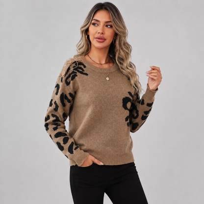 Montviro | Women’s Leopard Knit Sweater Soft Warm Crew Neck Pullover