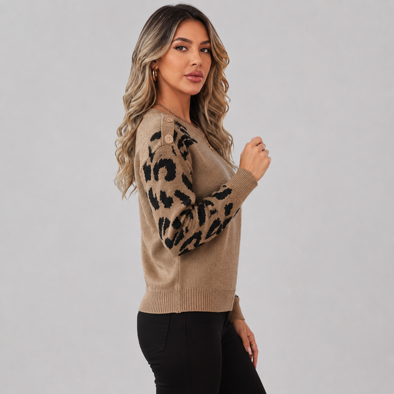 Montviro | Women’s Leopard Knit Sweater Soft Warm Crew Neck Pullover