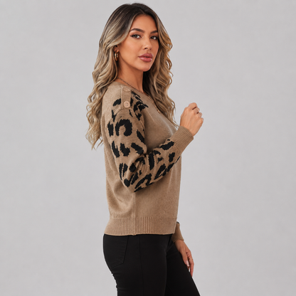 Montviro | Women’s Leopard Knit Sweater Soft Warm Crew Neck Pullover