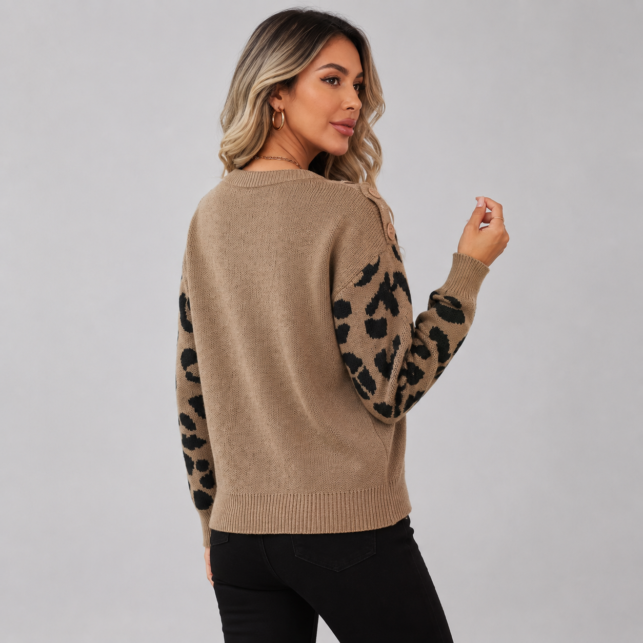 Montviro | Women’s Leopard Knit Sweater Soft Warm Crew Neck Pullover
