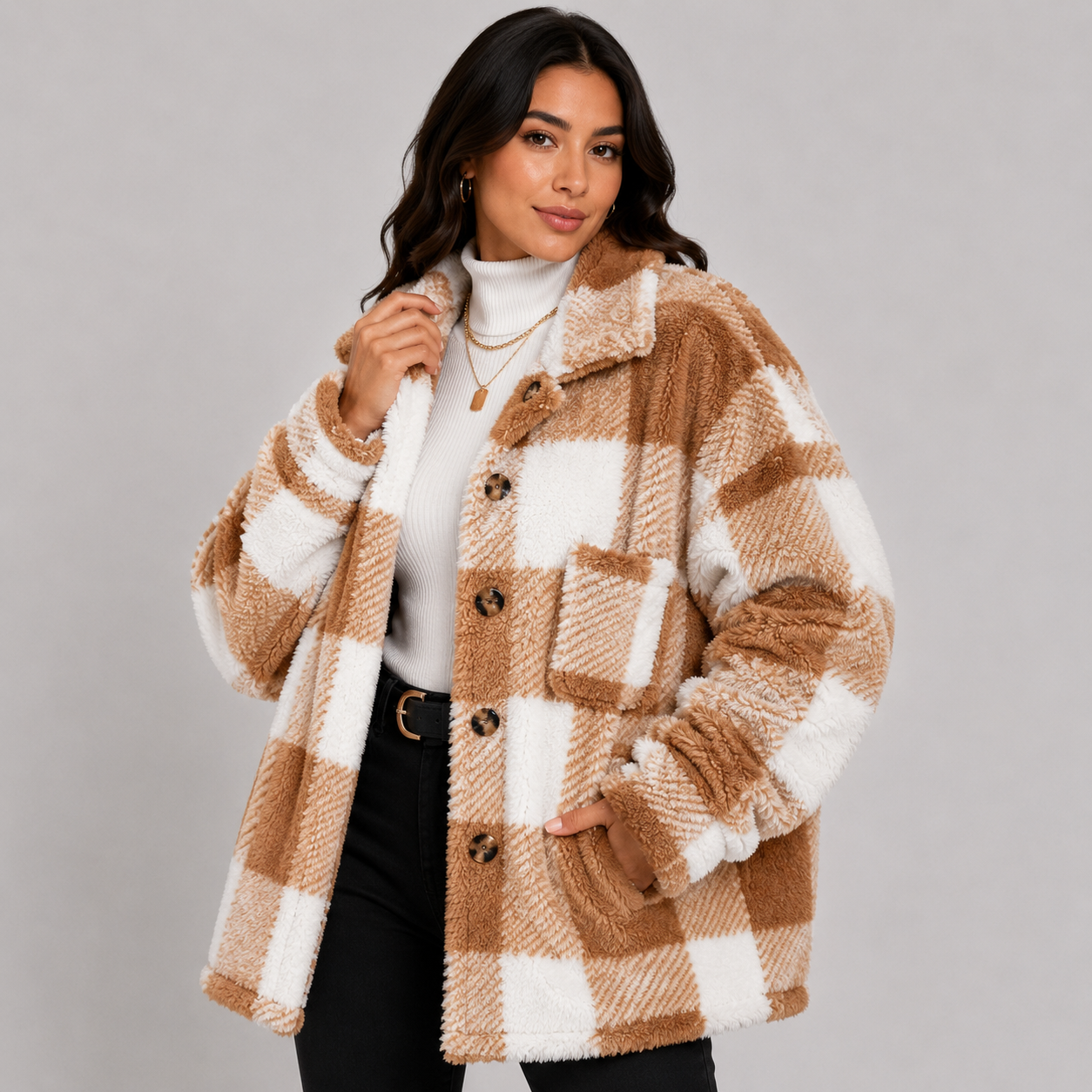 Montviro | Women's Plaid Plush Jacket – Soft Fall Winter Coat