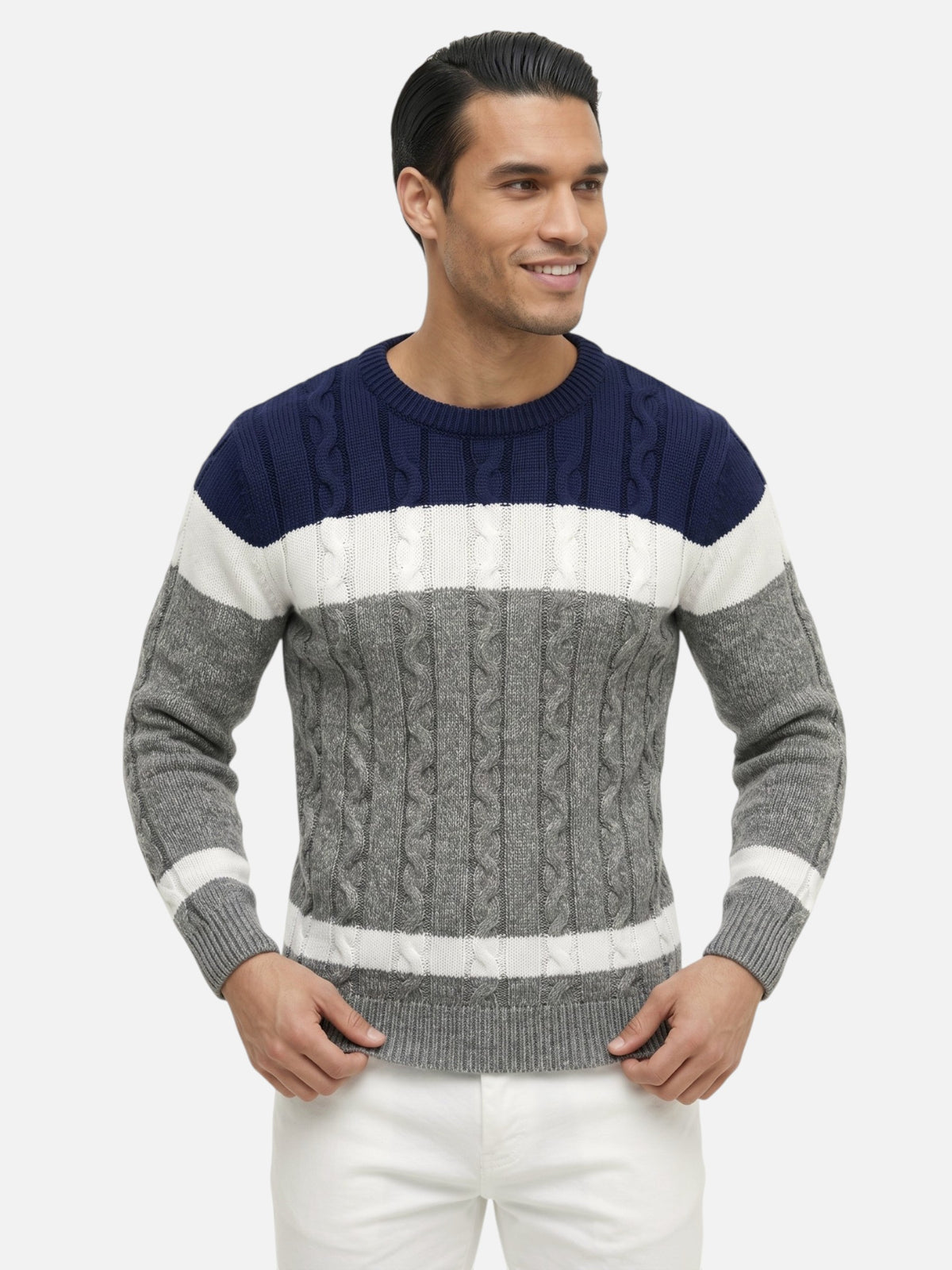 Montviro | Men's Cable Knit Colour-Block Crew Neck Jumper