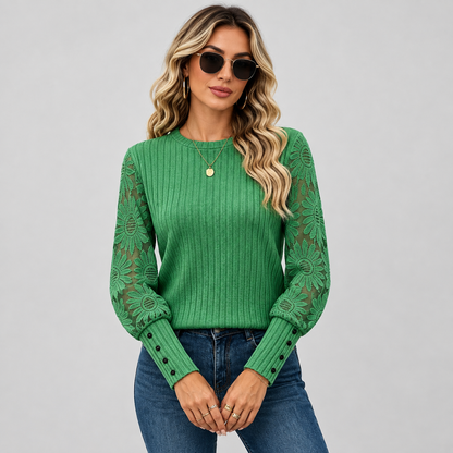 Montviro | Women's Knit Top – Lace Sleeve Crew Neck Classic Fall Style