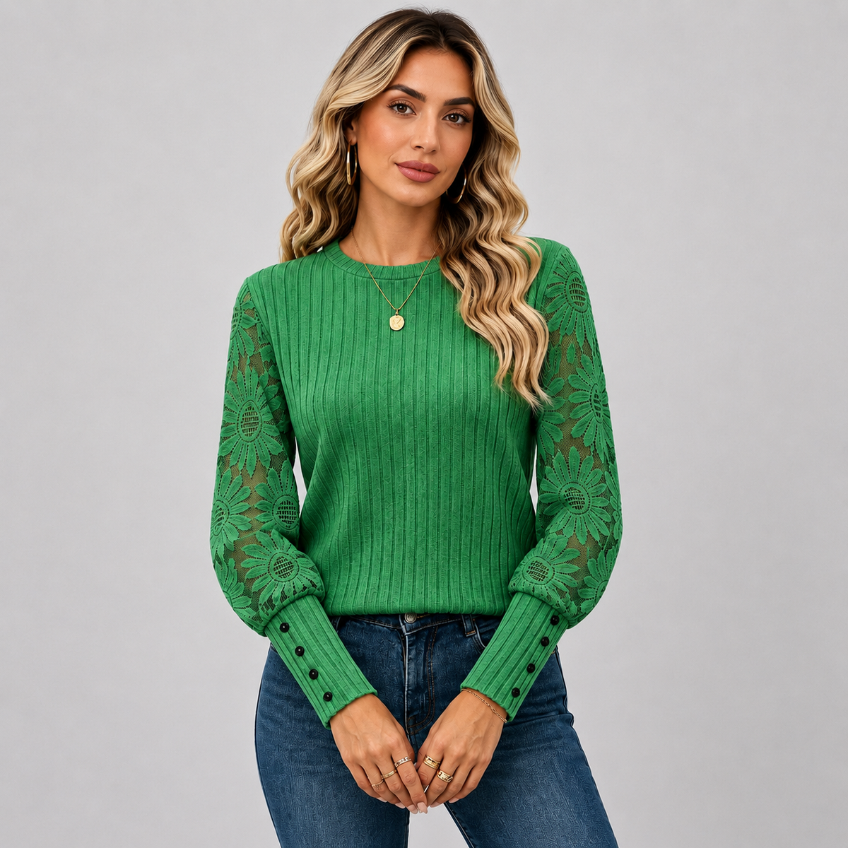 Montviro | Women's Knit Top – Lace Sleeve Crew Neck Classic Fall Style