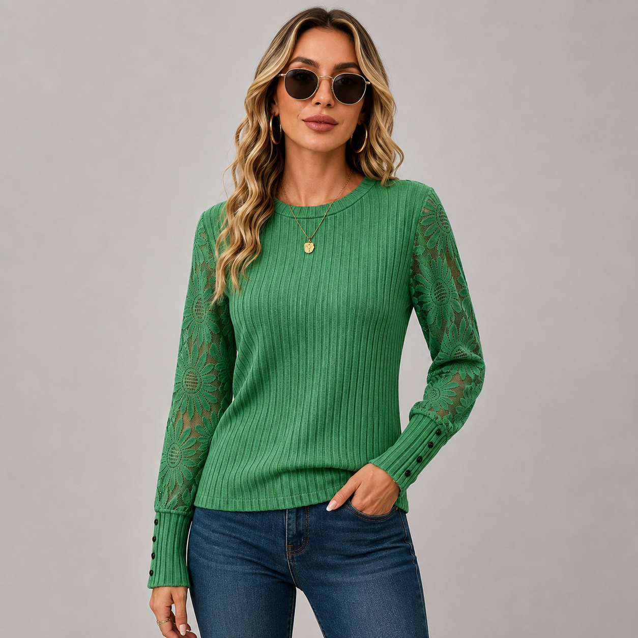 Montviro | Women's Knit Top – Lace Sleeve Crew Neck Classic Fall Style
