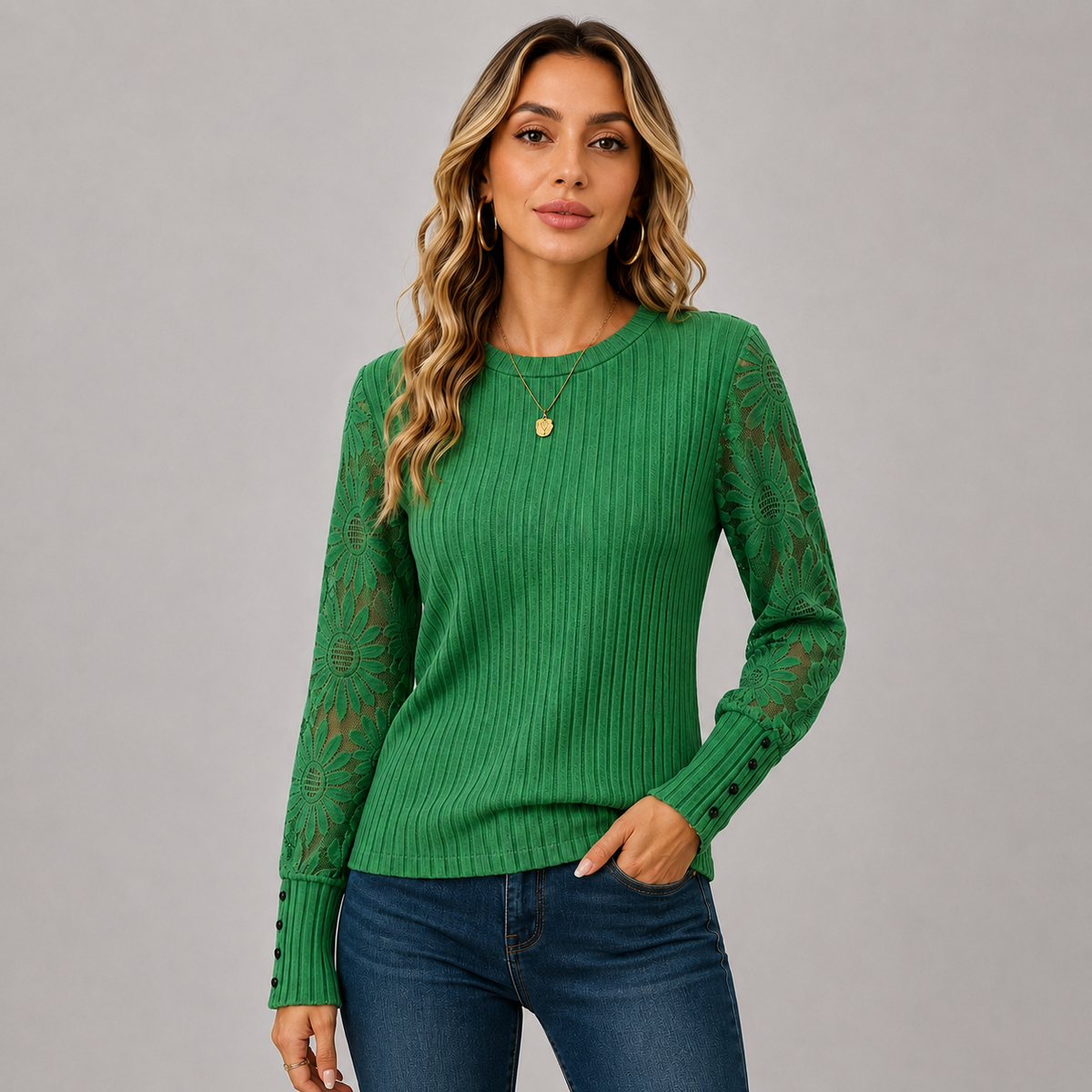 Montviro | Women's Knit Top – Lace Sleeve Crew Neck Classic Fall Style