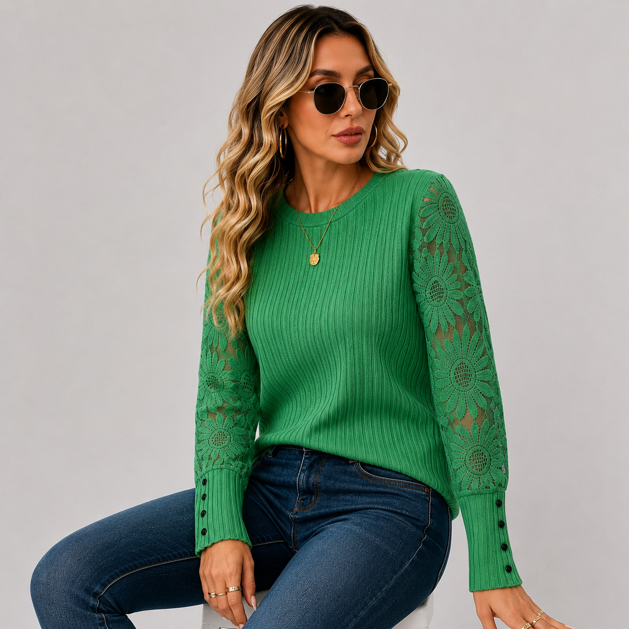 Montviro | Women's Knit Top – Lace Sleeve Crew Neck Classic Fall Style