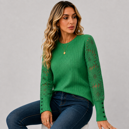 Montviro | Women's Knit Top – Lace Sleeve Crew Neck Classic Fall Style