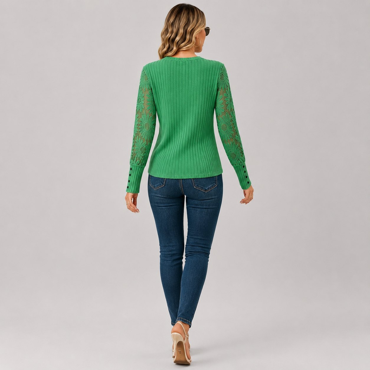 Montviro | Women's Knit Top – Lace Sleeve Crew Neck Classic Fall Style