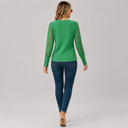 Montviro | Women's Knit Top – Lace Sleeve Crew Neck Classic Fall Style