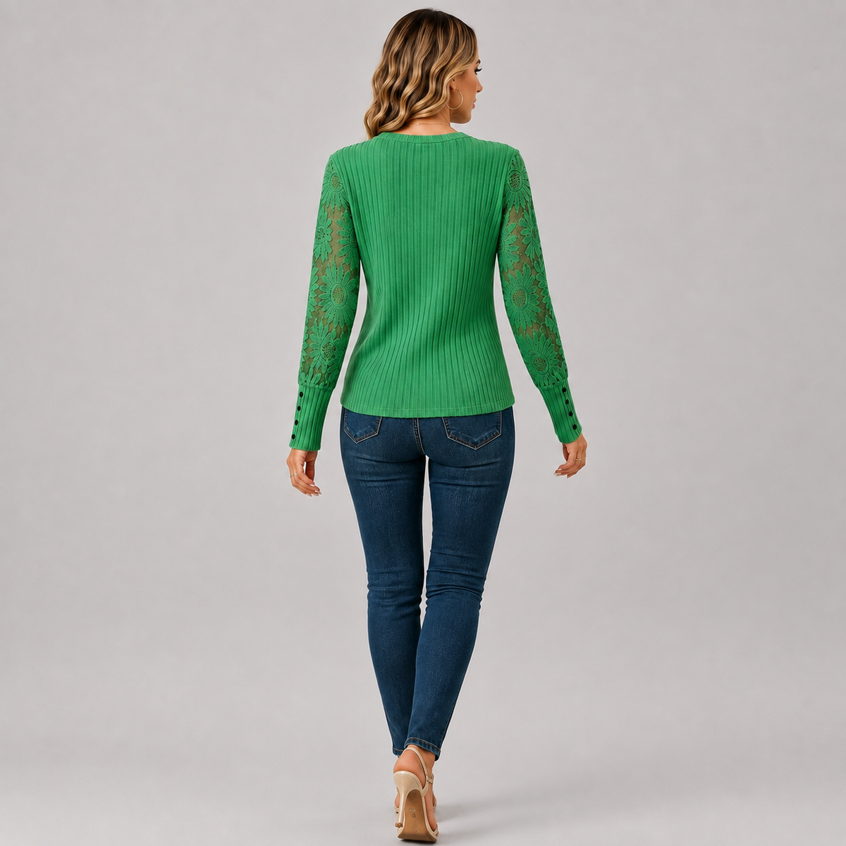 Montviro | Women's Knit Top – Lace Sleeve Crew Neck Classic Fall Style