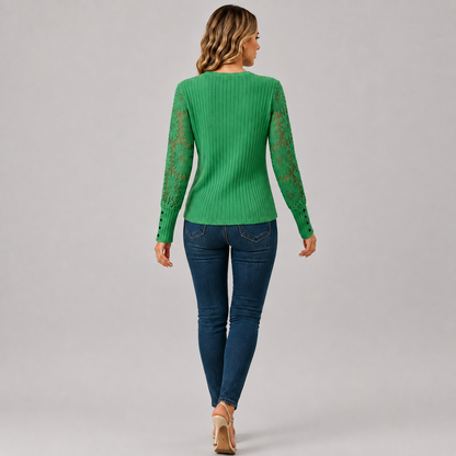 Montviro | Women's Knit Top – Lace Sleeve Crew Neck Classic Fall Style