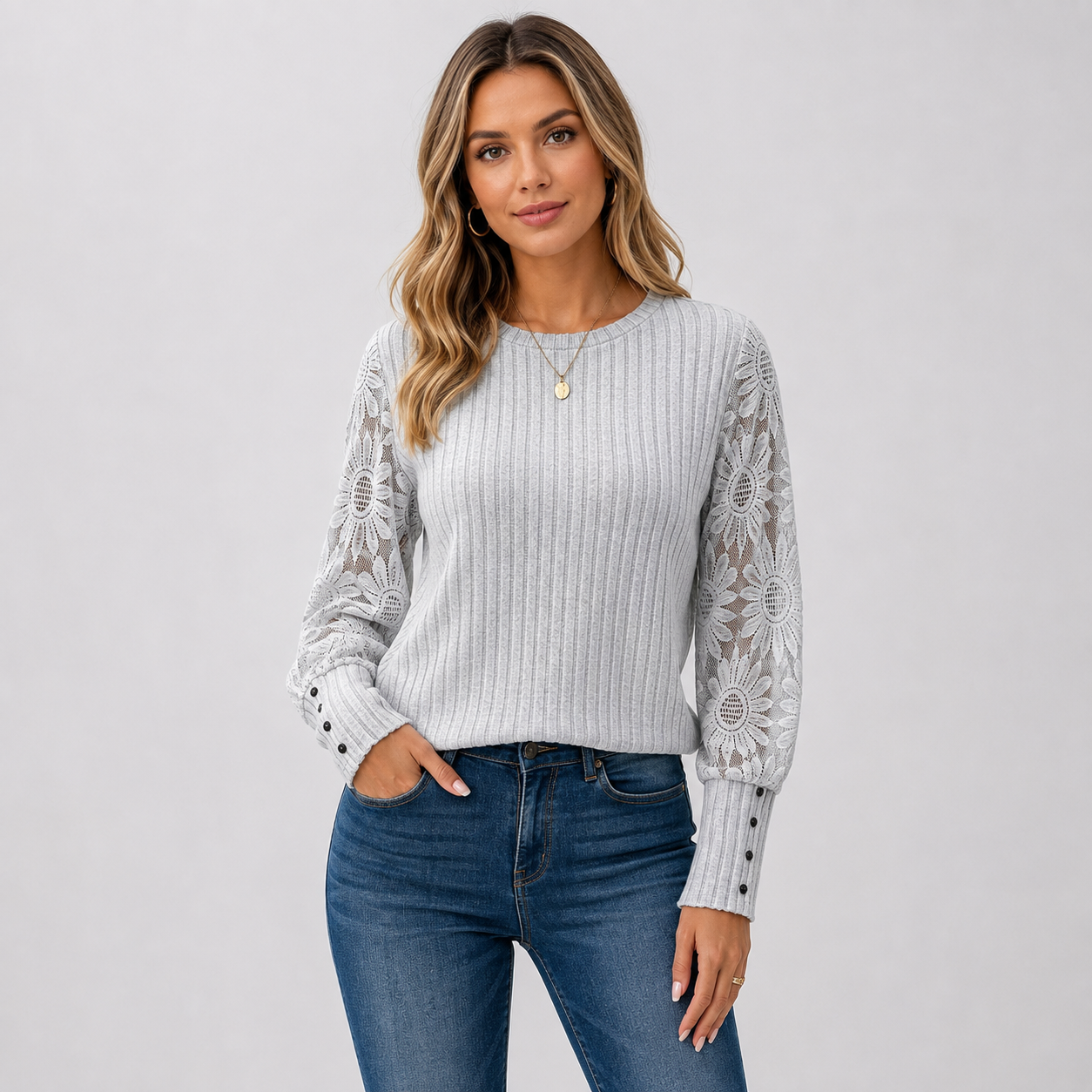 Montviro | Women's Knit Top – Lace Sleeve Crew Neck Classic Fall Style