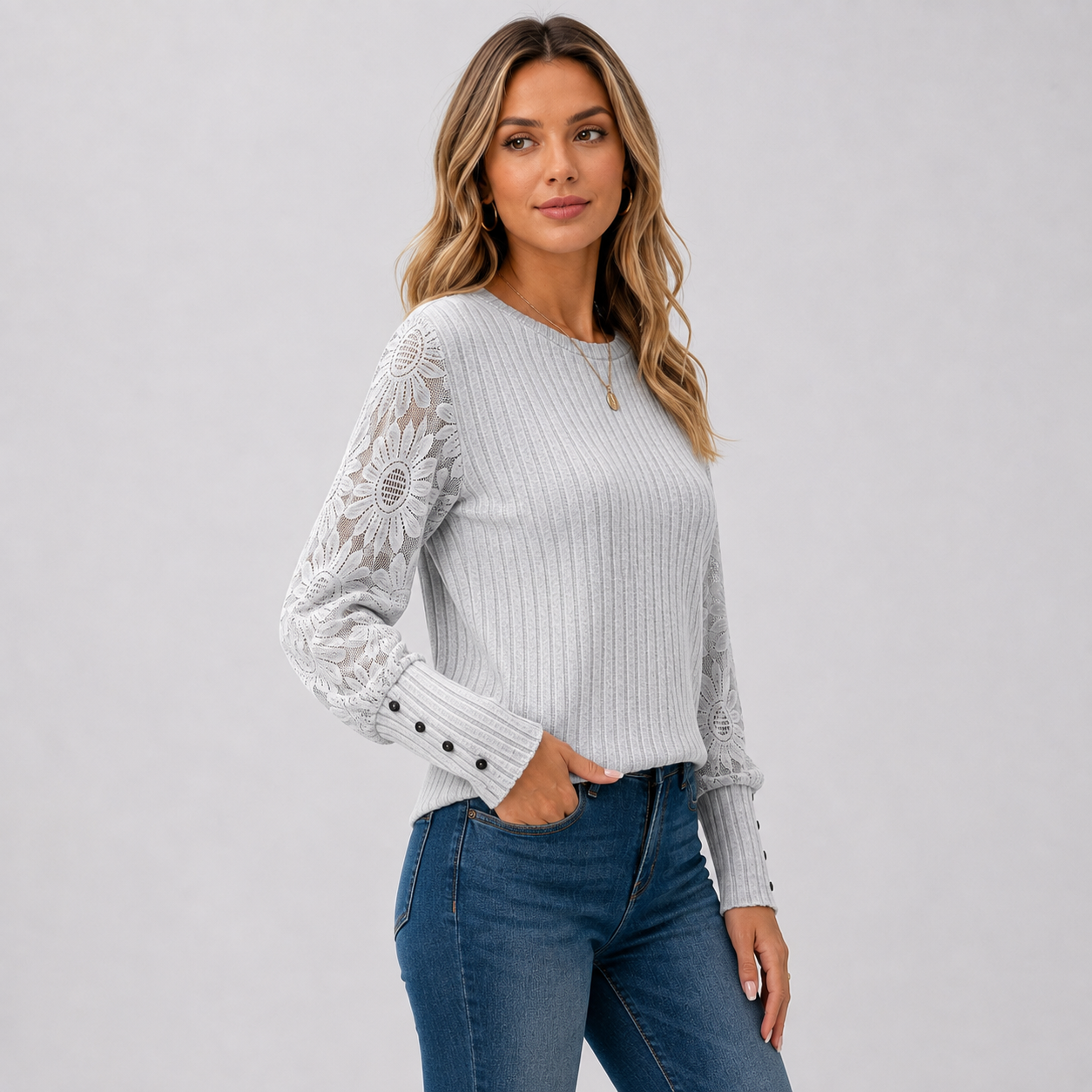 Montviro | Women's Knit Top – Lace Sleeve Crew Neck Classic Fall Style