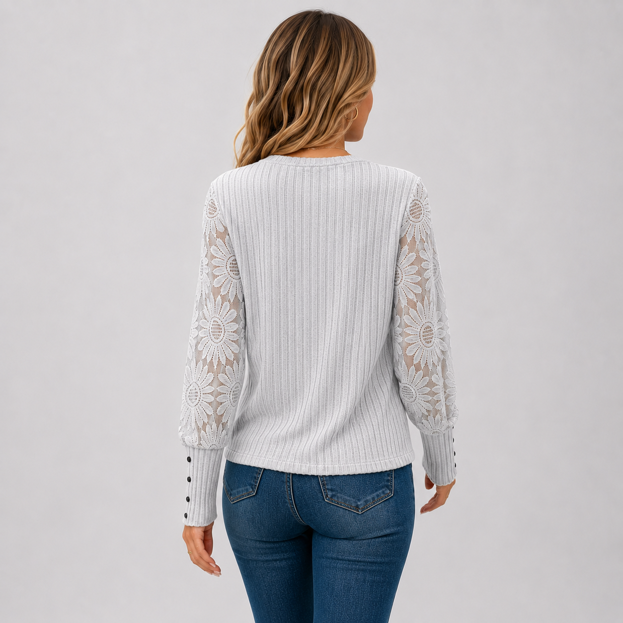 Montviro | Women's Knit Top – Lace Sleeve Crew Neck Classic Fall Style