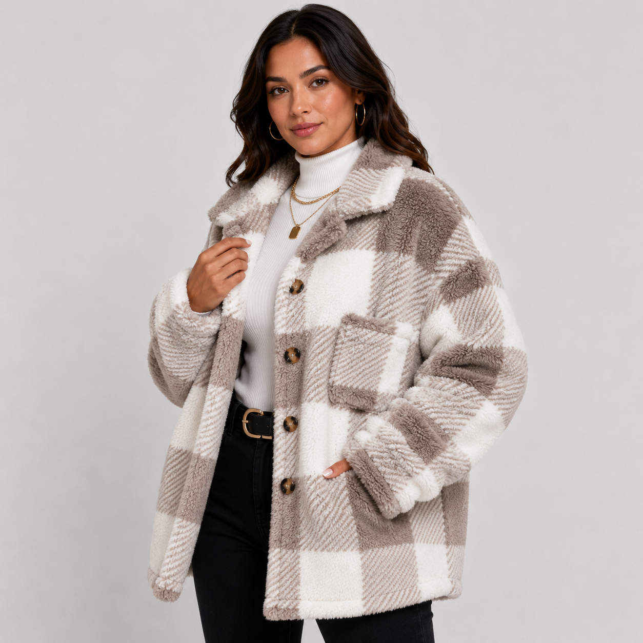 Montviro | Women's Plaid Plush Jacket – Soft Fall Winter Coat
