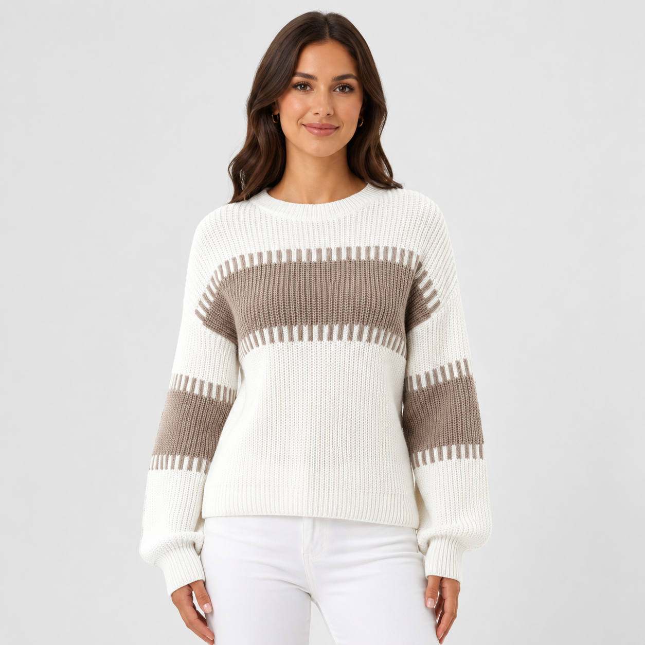 Montviro | Women's Acrylic Sweater Crew Neck Loose Fit Color Block