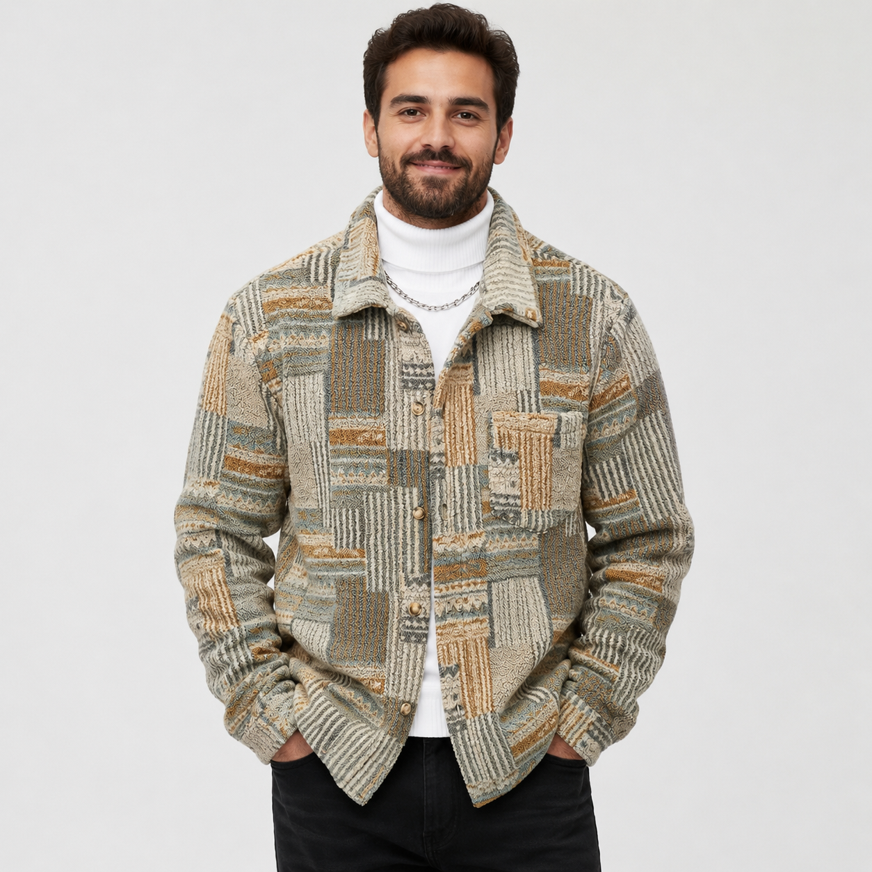 Montviro | Men's Fleece Jacket - Geometric Pattern Regular Fit Fall Winter