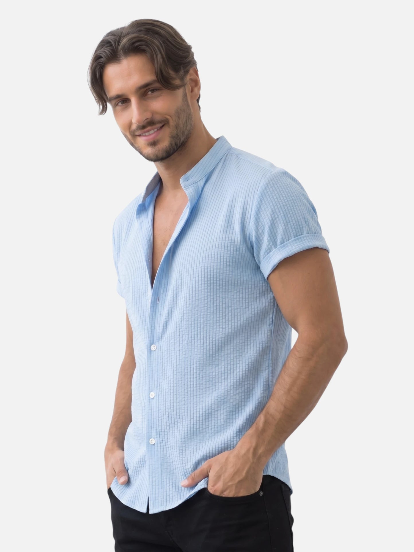 Montviro | Men’s Textured Shirt – Mandarin Collar Elegance