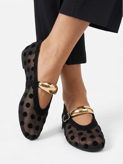 Montviro | Women’s Polka Dot Mesh Mary Jane Ballet Flats