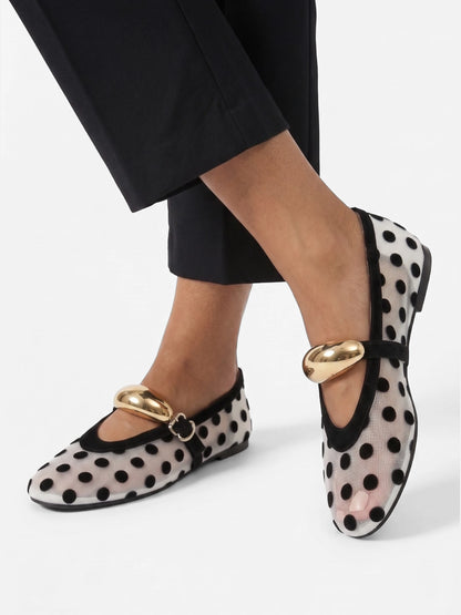 Montviro | Women’s Polka Dot Mesh Mary Jane Ballet Flats