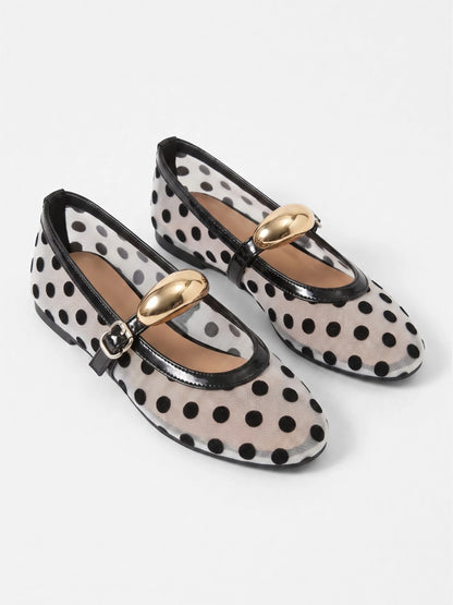 Montviro | Women’s Polka Dot Mesh Mary Jane Ballet Flats