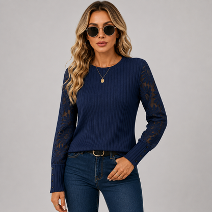 Montviro | Women's Knit Top – Lace Sleeve Crew Neck Classic Fall Style