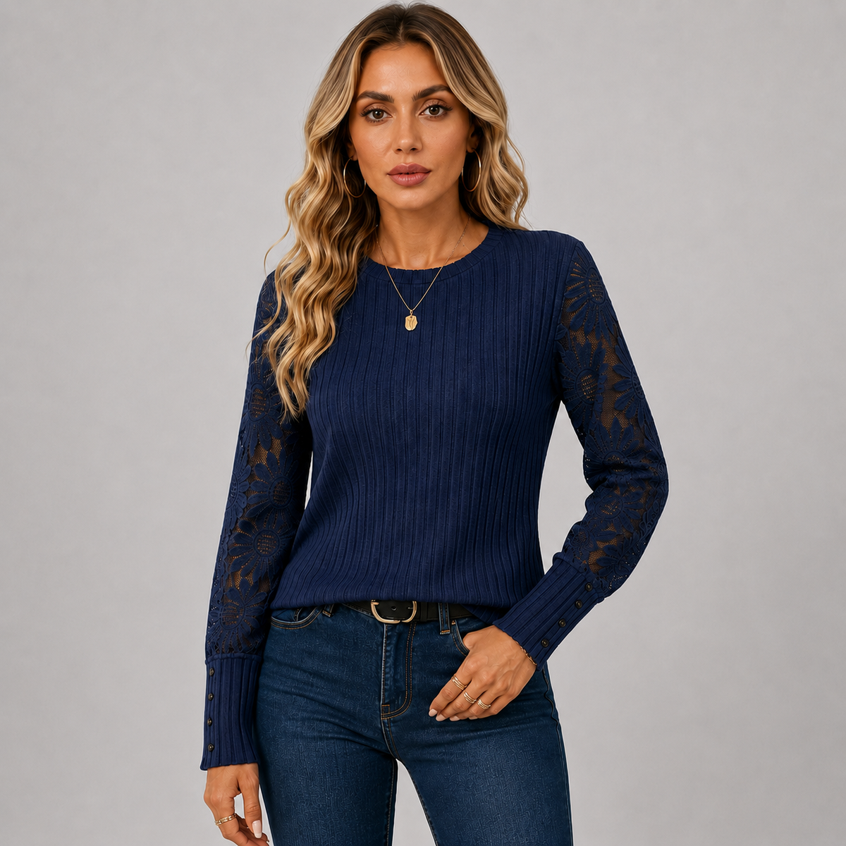 Montviro | Women's Knit Top – Lace Sleeve Crew Neck Classic Fall Style