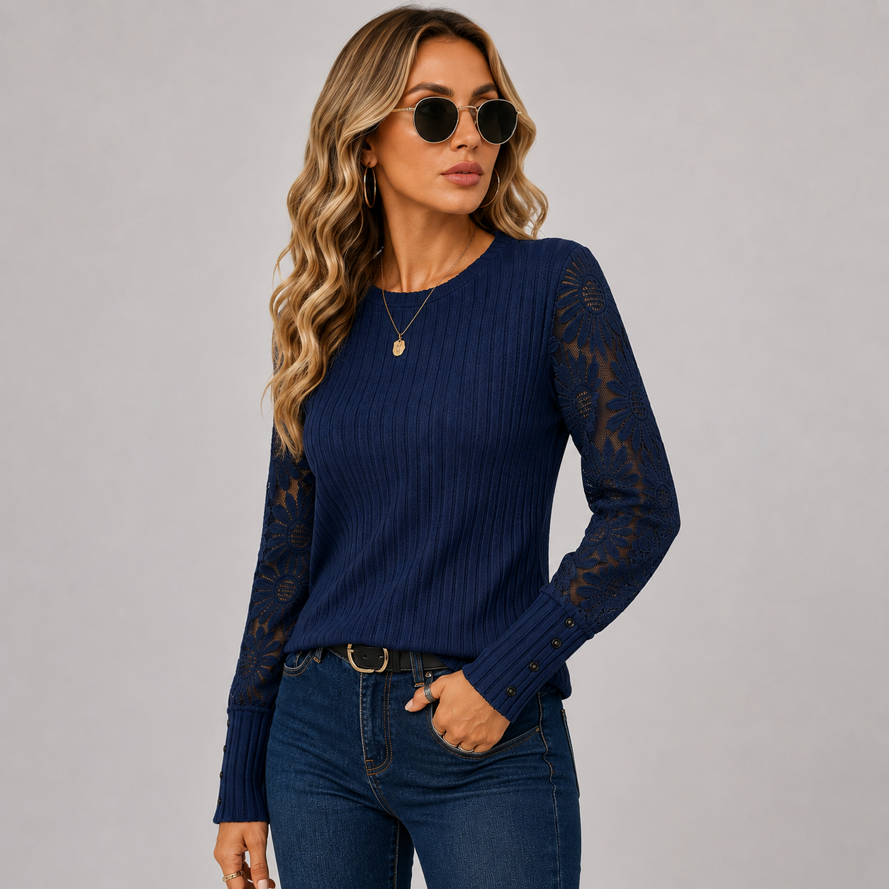 Montviro | Women's Knit Top – Lace Sleeve Crew Neck Classic Fall Style