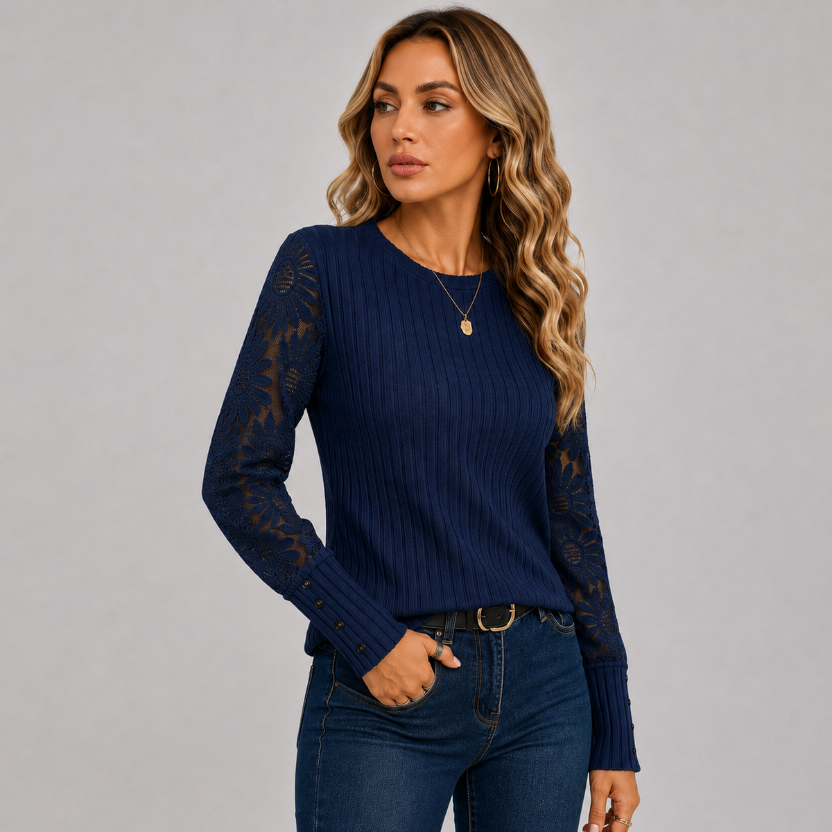 Montviro | Women's Knit Top – Lace Sleeve Crew Neck Classic Fall Style